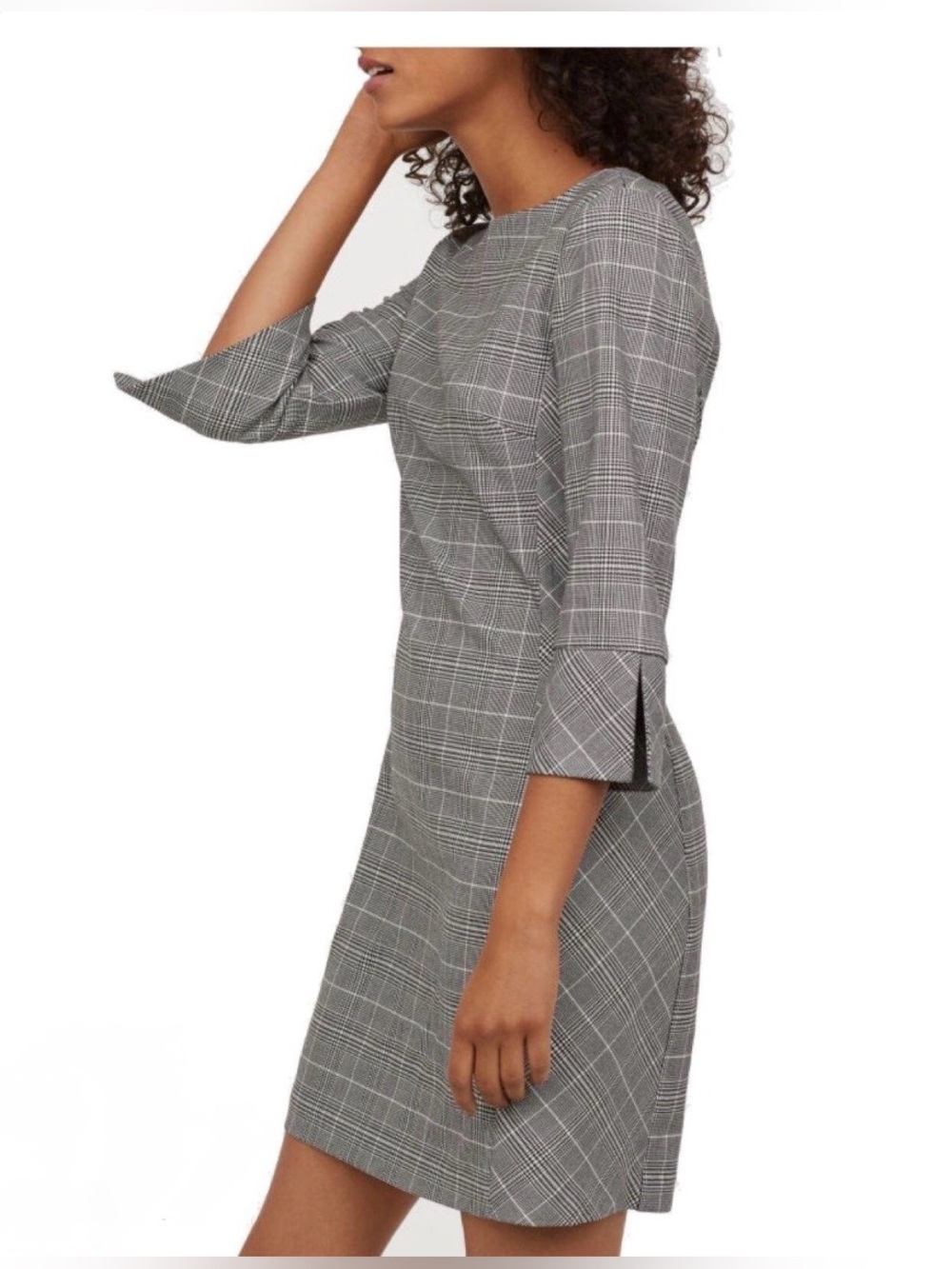 H&M Glen Check Plaid Houndstooth Ballet Neck 3/4 Sleeve A-Line Shift Mini Dress